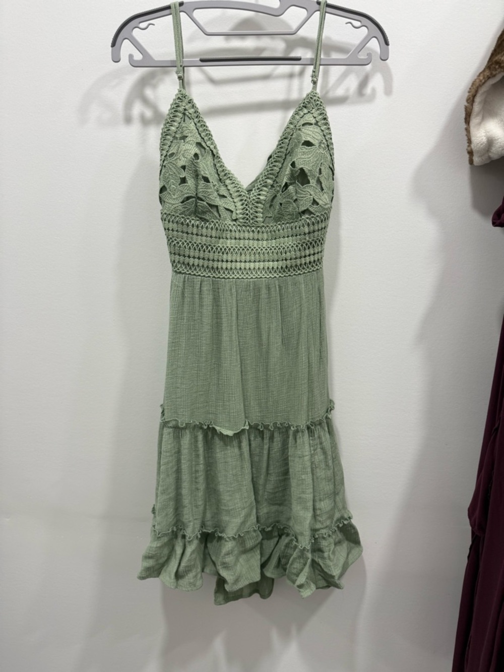 Love Tree Sage Green Crochet Bodice Tiered Summer Dress